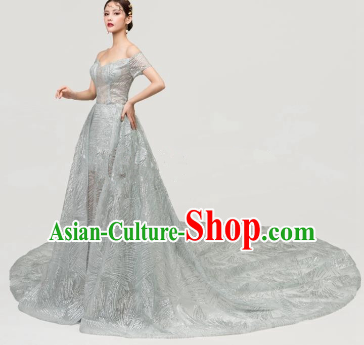 Top Grade Catwalks Compere Trailing Full Dress Chorus Modern Dance Party Grey Veil Costume for Women