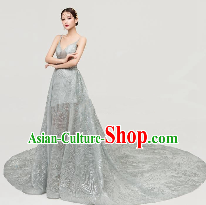 Top Grade Catwalks Trailing Full Dress Chorus Compere Modern Dance Party Grey Veil Costume for Women