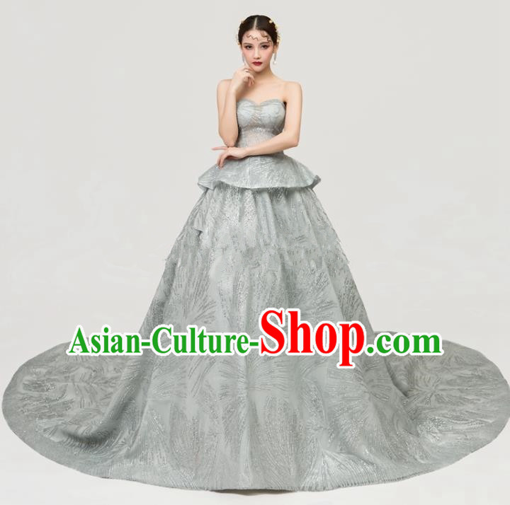 Top Grade Catwalks Full Dress Chorus Compere Modern Dance Party Grey Veil Trailing Costume for Women