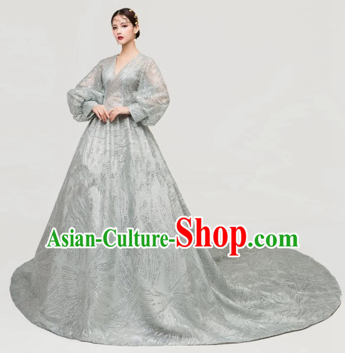 Top Grade Catwalks Grey Veil Full Dress Chorus Compere Modern Dance Party Trailing Costume for Women