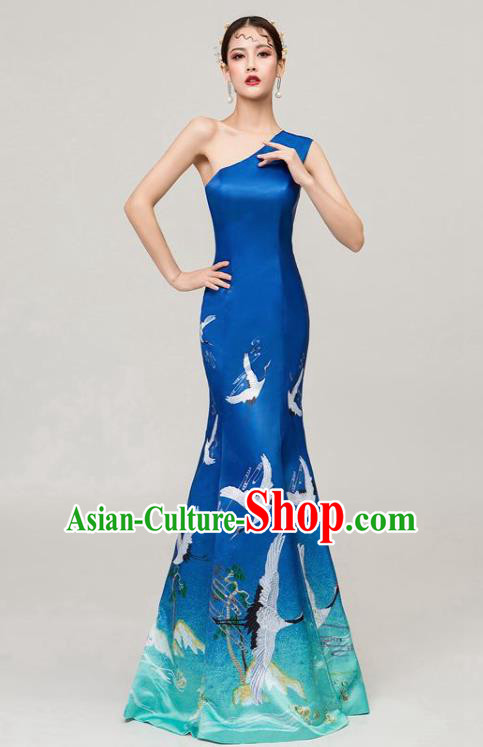 Chinese National Catwalks Printing Cranes Blue Fishtail Cheongsam Traditional Costume Tang Suit Qipao Dress for Women