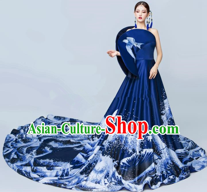 Top Grade Catwalks Royalblue Trailing Full Dress Chorus Compere Modern Dance Party Costume for Women