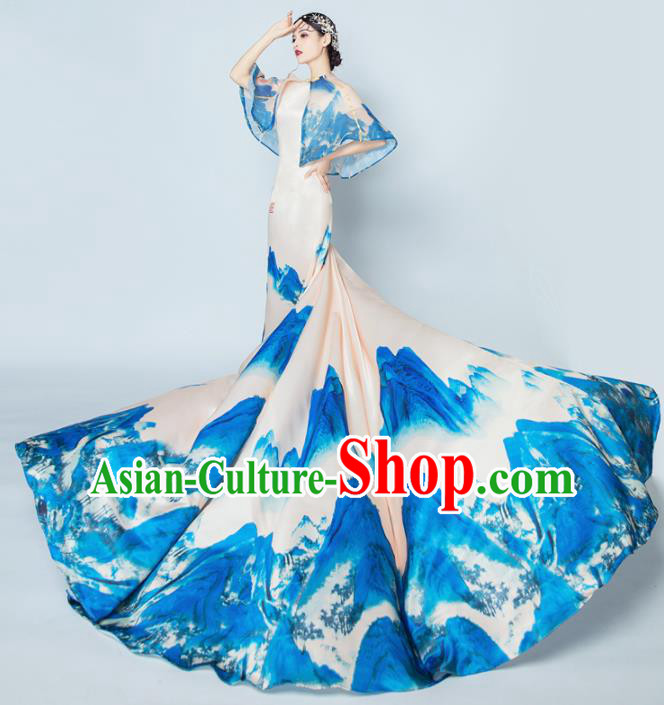 Top Grade Catwalks Costume Chorus Compere Modern Dance Party Printing Mountain Full Dress for Women