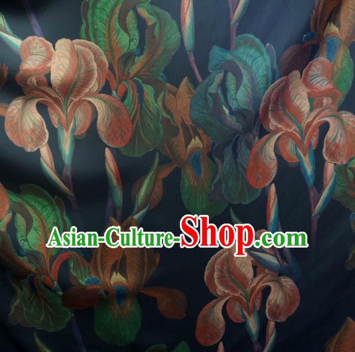 Asian Chinese Traditional Flowers Pattern Design Navy Watered Gauze Cheongsam Silk Fabric Chinese Fabric Material