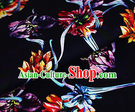 Chinese Classical Printing Flowers Pattern Design Black Brocade Cheongsam Silk Fabric Chinese Traditional Satin Fabric Material