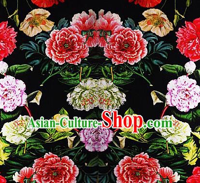 Chinese Classical Printing Peony Pattern Design Black Brocade Cheongsam Silk Fabric Chinese Traditional Satin Fabric Material