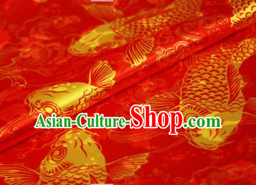 Chinese Classical Carps Pattern Design Red Brocade Cheongsam Silk Fabric Chinese Traditional Satin Fabric Material