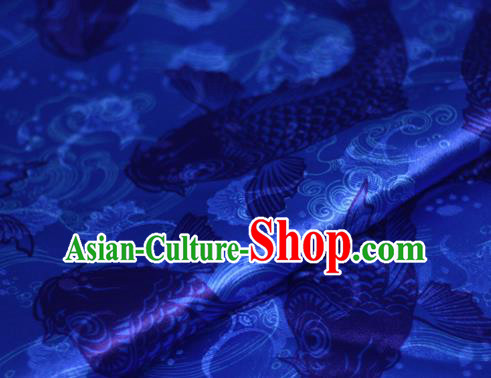 Chinese Classical Carps Pattern Design Blue Brocade Cheongsam Silk Fabric Chinese Traditional Satin Fabric Material