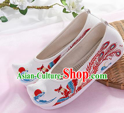 Chinese Traditional Hanfu White Shoes Embroidered Phoenix Shoes Handmade Ancient Princess Shoes for Women