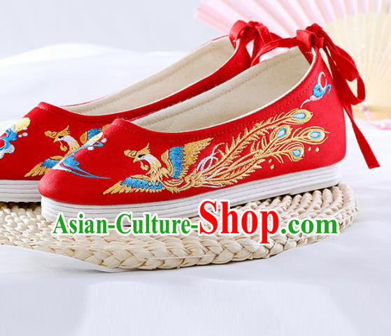 Chinese Traditional Hanfu Shoes Red Embroidered Phoenix Shoes Handmade Ancient Princess Shoes for Women