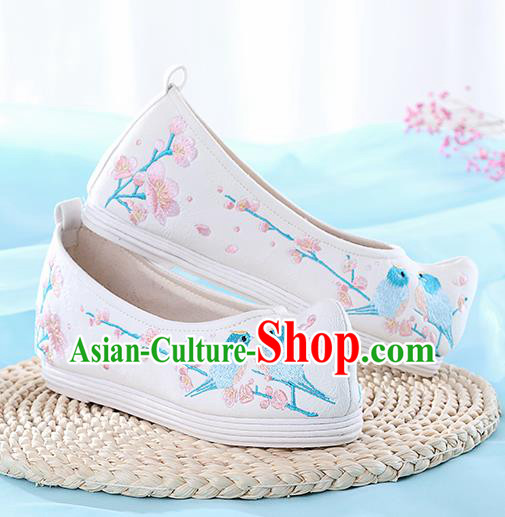 Chinese Traditional Hanfu Shoes White Embroidered Birds Shoes Handmade Ancient Princess Shoes for Women