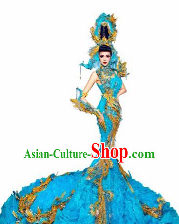 Handmade Modern Fancywork Stage Show Blue Trailing Dress Halloween Cosplay Queen Fancy Ball Costume for Women