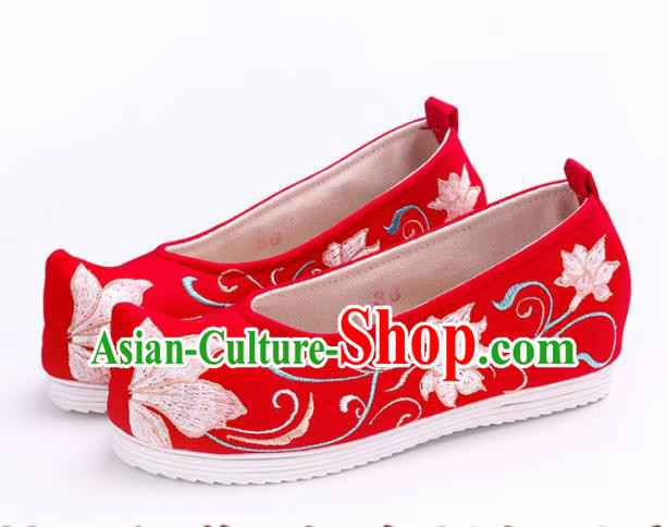 Chinese Traditional Hanfu Cloth Shoes Embroidered Lotus Red Shoes Handmade Ancient Princess Shoes for Women