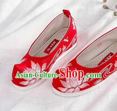 Chinese Traditional Hanfu Red Cloth Shoes Embroidered Lotus Shoes Handmade Ancient Princess Shoes for Women