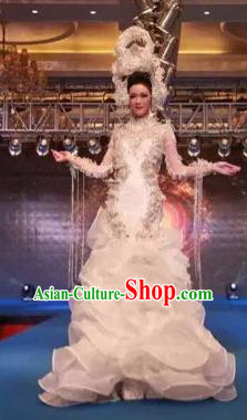 Handmade Europe Court Modern Fancywork Stage Show White Full Dress Halloween Cosplay Queen Fancy Ball Costume for Women