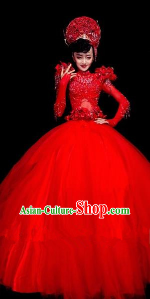 Handmade Europe Court Modern Fancywork Stage Show Red Full Dress Halloween Cosplay Queen Fancy Ball Costume for Women