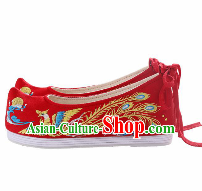 Chinese Traditional Hanfu Cloth Shoes Embroidered Phoenix Red Shoes Handmade Ancient Princess Shoes for Women