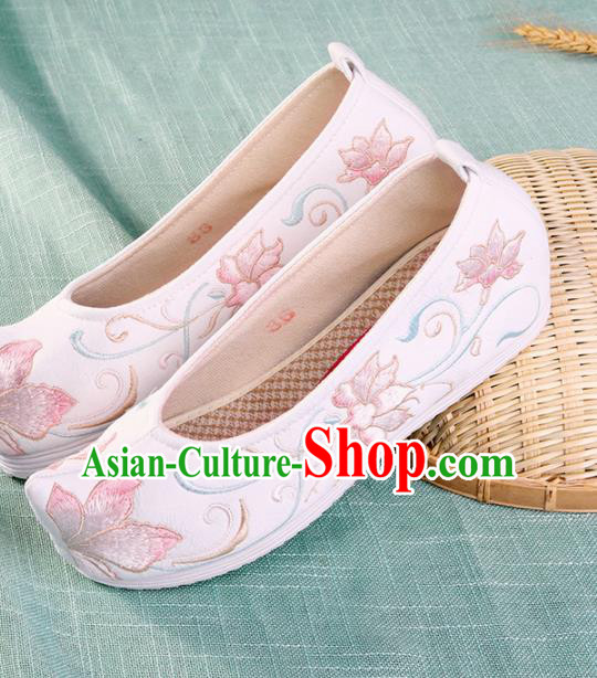 Chinese Traditional Hanfu Cloth Shoes Embroidered Lotus White Shoes Handmade Ancient Princess Shoes for Women