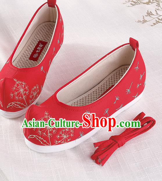 Chinese Traditional Hanfu Cloth Shoes Embroidered Dandelion Red Shoes Handmade Ancient Princess Shoes for Women