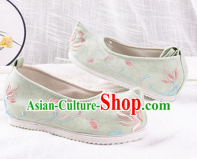 Chinese Traditional Hanfu Cloth Shoes Embroidered Orchid Green Shoes Handmade Ancient Princess Shoes for Women