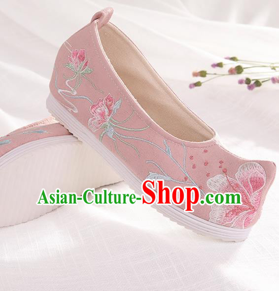 Chinese Traditional Embroidered Peach Blossom Pink Shoes Hanfu Cloth Shoes Handmade Ancient Princess Shoes for Women