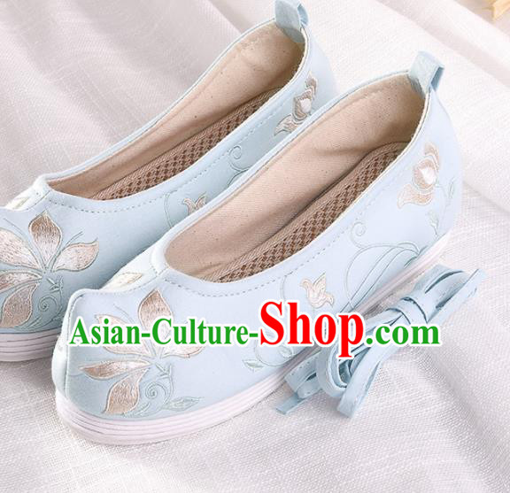 Chinese Traditional Embroidered Twine Lotus Blue Shoes Hanfu Cloth Shoes Handmade Ancient Princess Shoes for Women