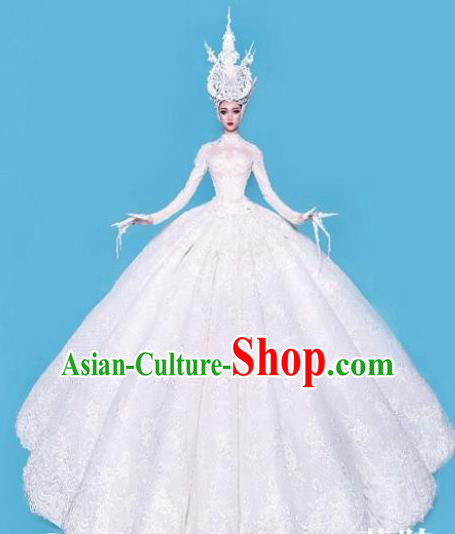 Handmade Europe Court Princess Stage Show White Full Dress Halloween Cosplay Fancy Ball Modern Fancywork Costume for Women