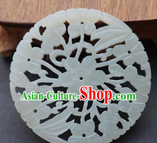 Handmade Chinese Jade Carving Flowers Round Pendant Traditional Jade Craft Jewelry Accessories