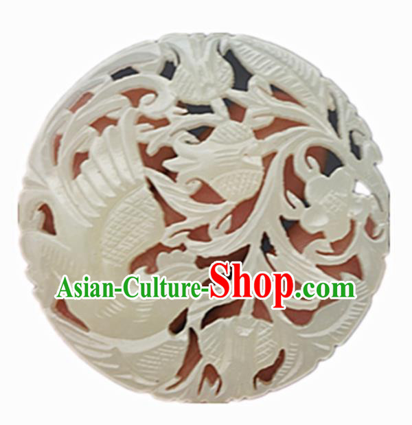 Handmade Chinese Jade Carving Phoenix Round Pendant Traditional Jade Craft Jewelry Accessories