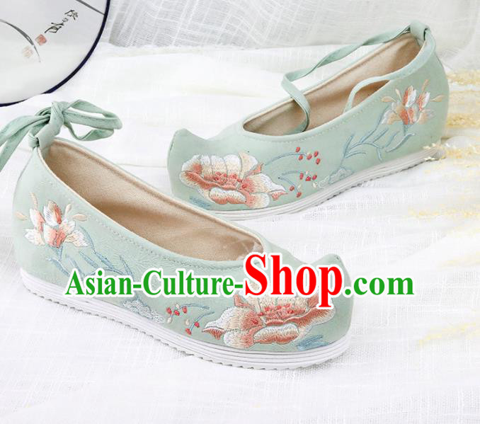 Chinese Traditional Embroidered Peony Green Shoes Hanfu Cloth Shoes Handmade Ancient Princess Shoes for Women