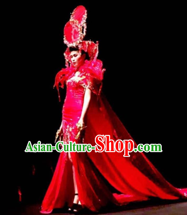 Traditional Chinese Catwalks Costume Stage Show Modern Fancywork Red Trailing Dress for Women