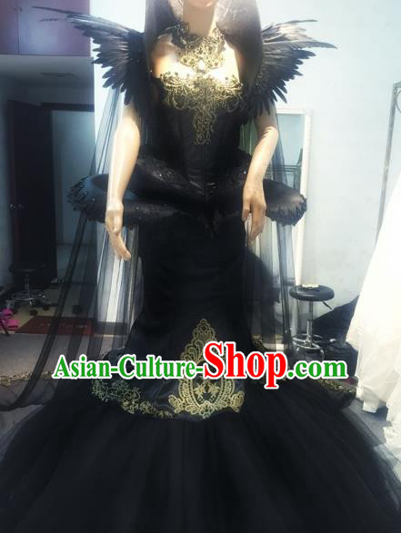 Handmade Europe Court Princess Stage Show Black Veil Trailing Full Dress Halloween Cosplay Fancy Ball Modern Fancywork Costume for Women