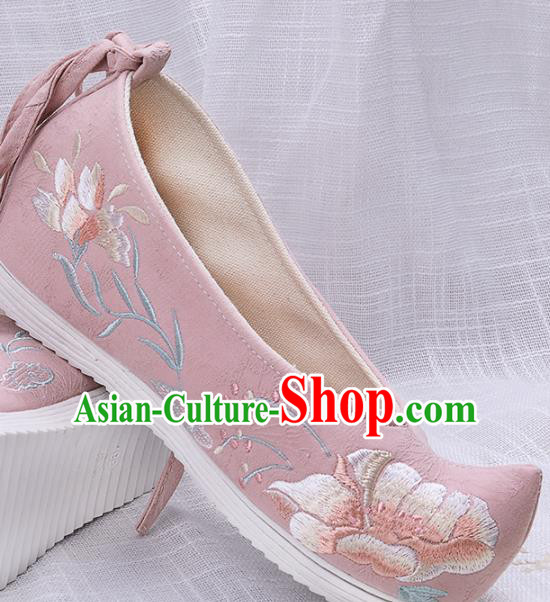 Chinese Traditional Embroidered Peony Pink Shoes Hanfu Cloth Shoes Handmade Ancient Princess Shoes for Women