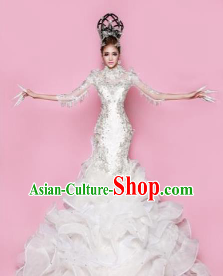 Handmade Modern Fancywork Stage Show Court White Fishtail Dress Halloween Cosplay Queen Fancy Ball Costume for Women