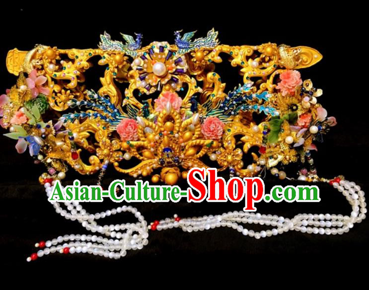 Chinese Traditional Stage Show Qing Dynasty Phoenix Coronet Deluxe Hair Accessories Handmade Cosplay Queen Hat Headwear for Women