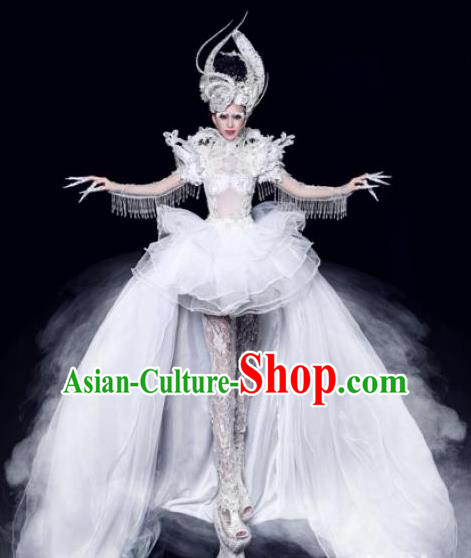 Handmade Modern Fancywork Stage Show Court White Trailing Dress Halloween Cosplay Queen Fancy Ball Costume for Women