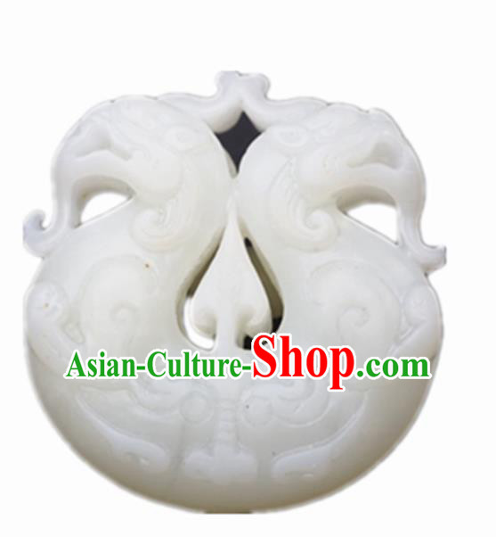 Chinese Handmade Carving Double Dragons White Jade Pendant Traditional Jade Craft Jewelry Accessories