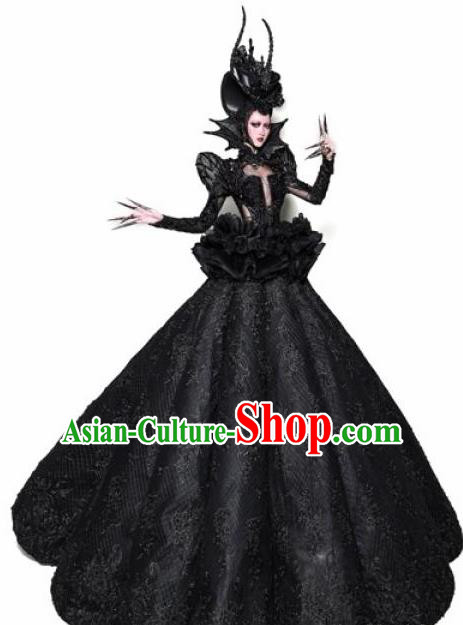 Handmade Modern Fancywork Stage Show Witch Black Full Dress Halloween Cosplay Queen Fancy Ball Costume for Women