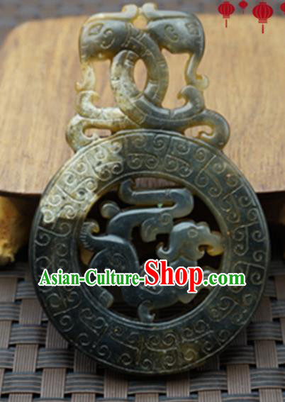 Chinese Handmade Jewelry Accessories Carving Dragons Gray Jade Pendant Ancient Traditional Jade Craft Decoration