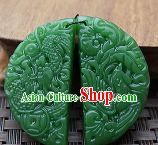 Chinese Handmade Jewelry Accessories Carving Dragon Phoenix Green Jade Pendant Ancient Traditional Jade Craft Decoration