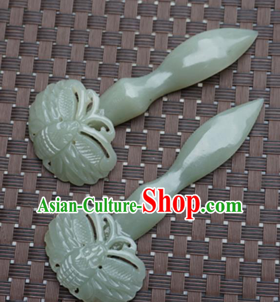 Chinese Handmade Green Jade Carving Butterfly Hair Clip Ancient Jade Hairpins Hair Accessories for Women for Men