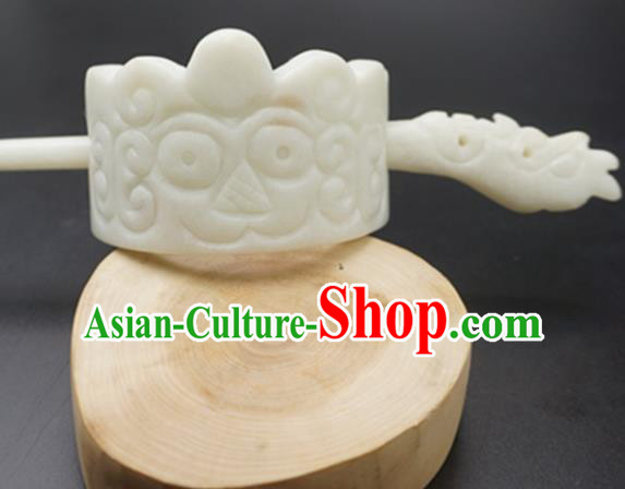 Handmade Chinese White Jade Carving Beast Hairdo Crown Ancient Swordsman Jade Hairpins Hair Accessories for Women for Men