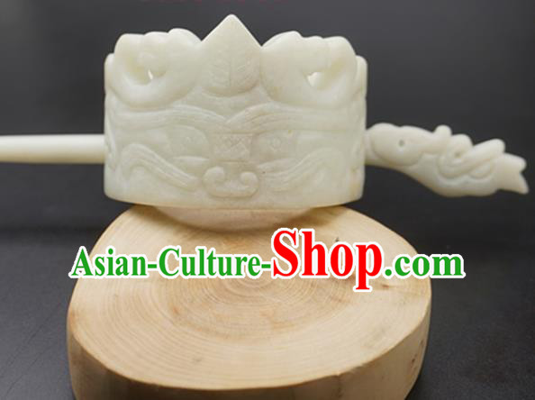 Handmade Chinese White Jade Carving Hairdo Crown Ancient Swordsman Jade Hairpins Hair Accessories for Women for Men