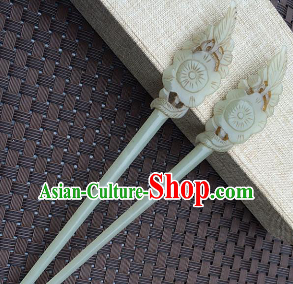 Handmade Chinese Jade Flower Hair Clip Ancient Palace Jade Carving Hairpins Hair Accessories for Women for Men