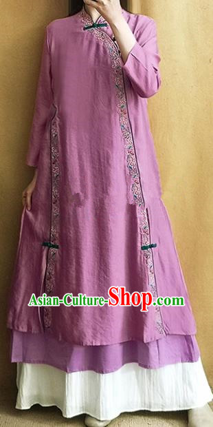 Traditional Chinese Tang Suit Embroidered Purple Cheongsam Linen Qipao Dress National Costume for Women