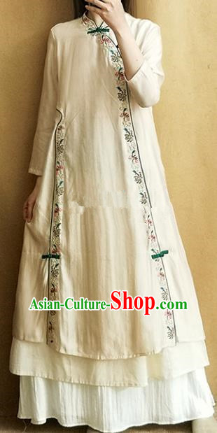 Traditional Chinese Tang Suit Embroidered Beige Cheongsam Linen Qipao Dress National Costume for Women