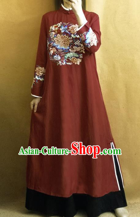 Traditional Chinese Tang Suit Embroidered Lotus Rust Red Cheongsam Linen Qipao Dress National Costume for Women