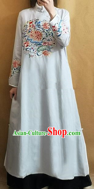Traditional Chinese Tang Suit Embroidered Lotus White Cheongsam Linen Qipao Dress National Costume for Women