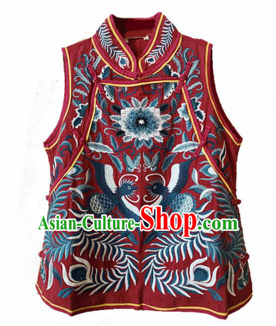 Traditional Chinese Embroidered Red Vest Upper Outer Garment Tang Suit Waistcoat National Costume for Women