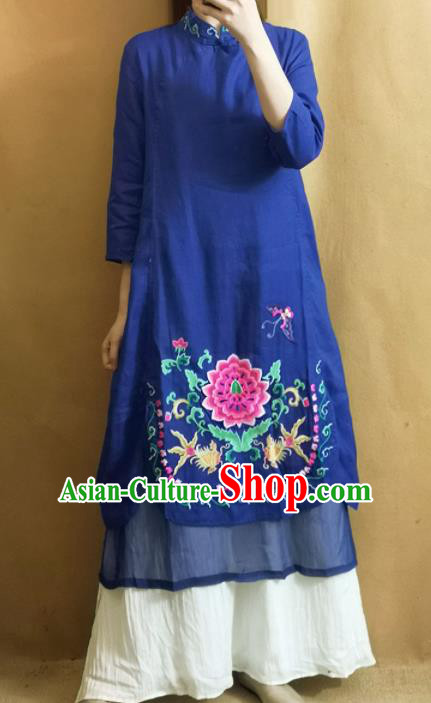 Traditional Chinese Embroidered Lotus Navy Cheongsam Tang Suit Qipao Dress National Costume for Women